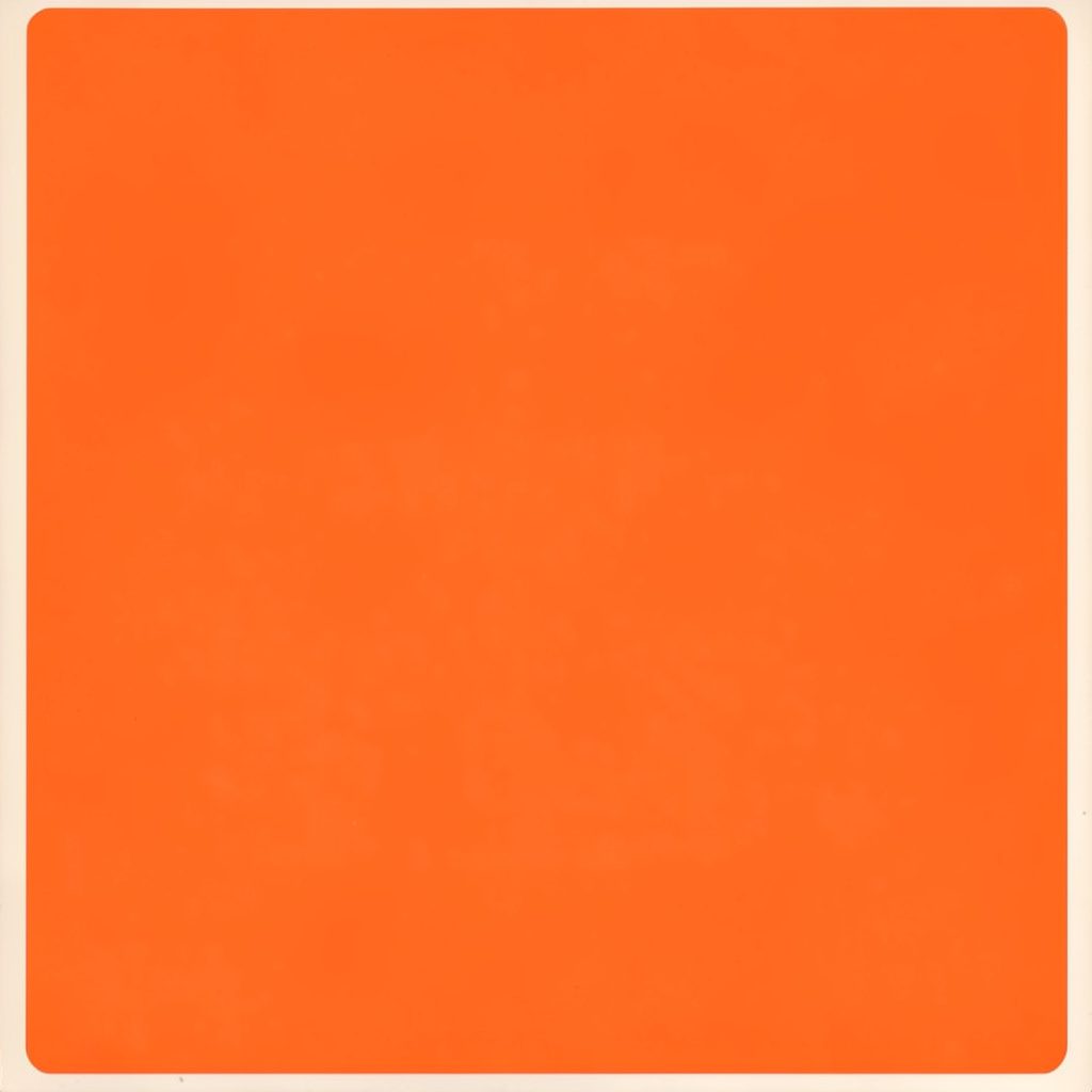Matte gouache poster painting of a deep navy field with soft orange highlights forming a calm, abstract letter mark